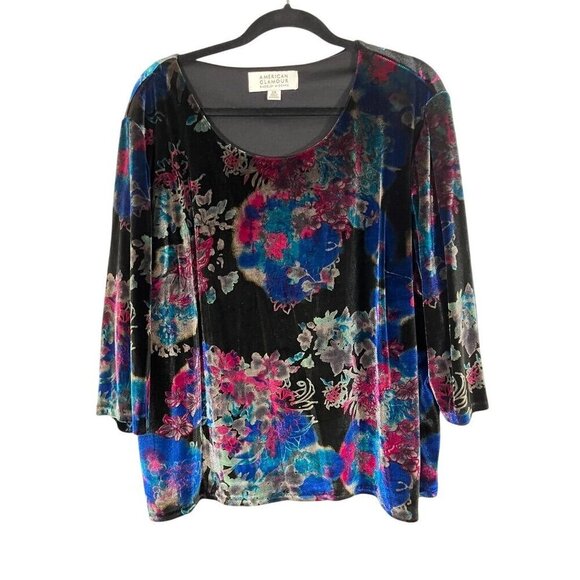 Badgley Mischka Velour Floral Top 2X Blue Retro Boho Western Coastal Preppy 80s - Picture 1 of 15